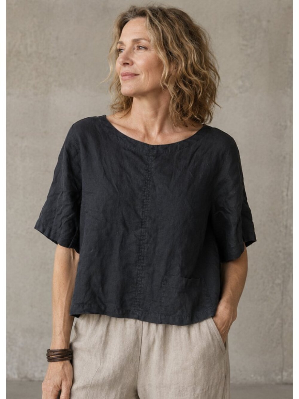 GARNET HILL 100% Linen Boxy Cropped Popover Top Black Medium Lagenlook Minimal
